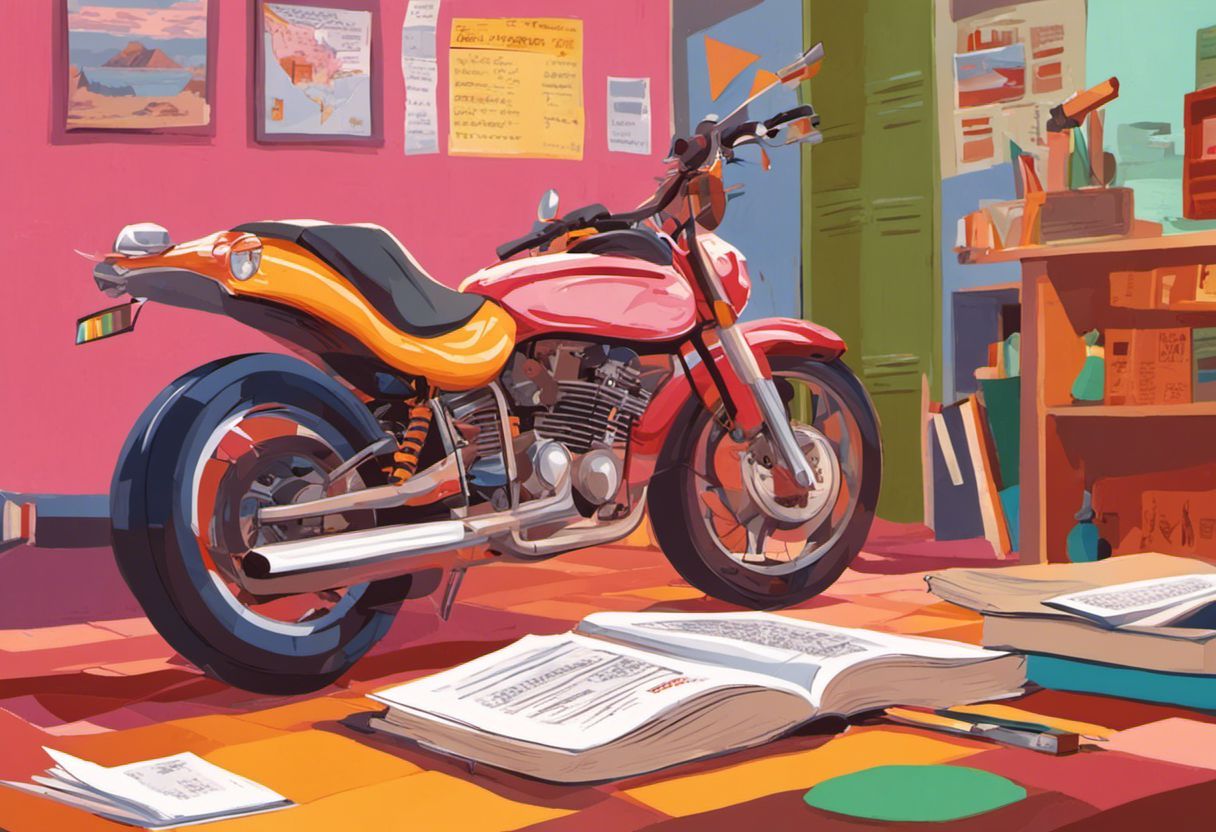 Moto et motard dans une illustration colorée et fantaisiste