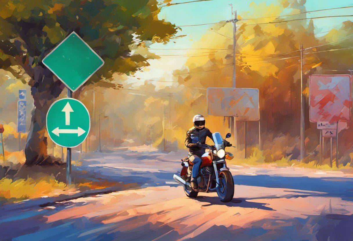 Illustration numérique d'une moto sur une route avec des panneaux de signalisation